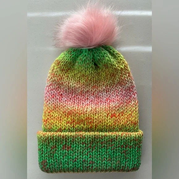 NWT Beanie w/Brim and PomPom, Green, Yellow, Pink, Double Fabric, Teen/Sm Adult - Picture 6 of 9